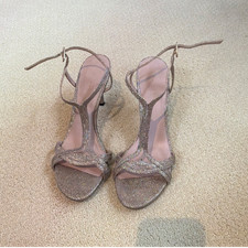 Stuart Weitzman Gold Glitter Strappy Stiletto Sandals Ankle Strap Buckle