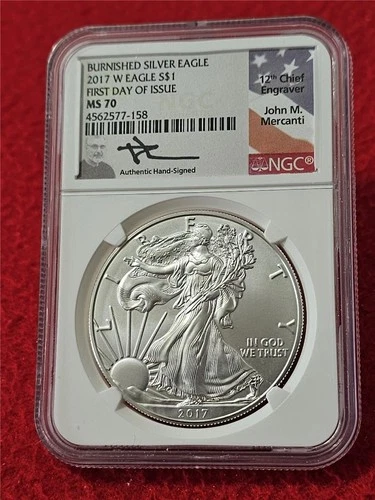 2017-W Silver Eagle Dollar ASE NGC MS 70 BURNISHED  FDI MERCANTI   #T1689