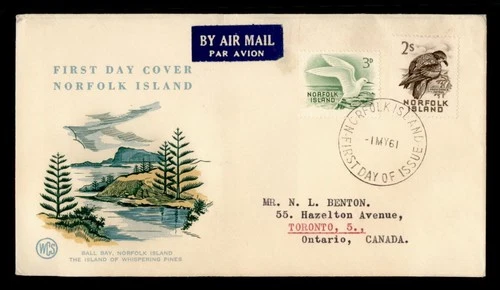 DR WHO 1961 NORFOLK ISLAND FDC BIRD COMBO WSC CACHET TO CANADA M71470