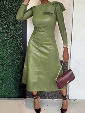 Green Bow Accent Faux Leather Long Sleeves Midi Dress
