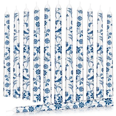 12 Pcs Taper Candles Chinoiserie 10 Inch Blue and White Floral Candles for Br...