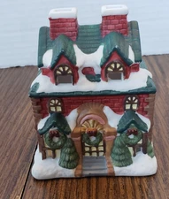 Two Chimney Red Ceramic Christmas Holiday Tea Light Candle House