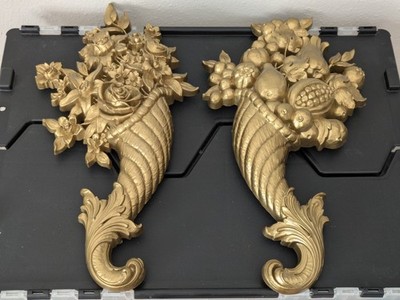Set of Vintage 1965 Gold Plastic Cornucopia 16'' Wall Plaques Dart Regency Art