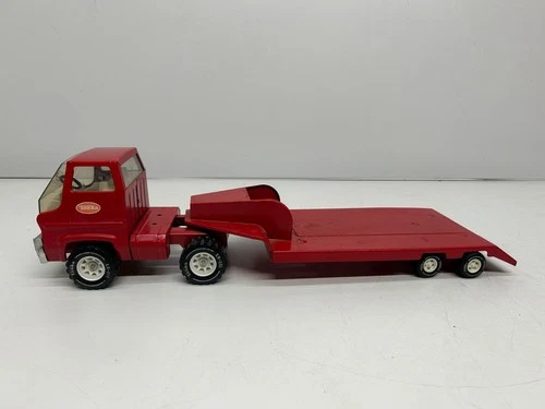 Vtg c70s Tonka Pressed Steel Red Semi Truck W/ Lowboy Trailer Flatbed Toy XR-101