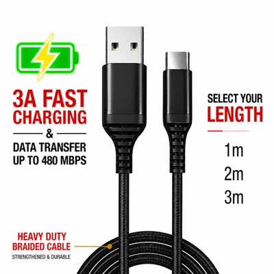 USB A to Type C Fast Charging Cable 3A Nylon Braided Data Sync Lead 1m 2m 3m - Image 1 of 4
