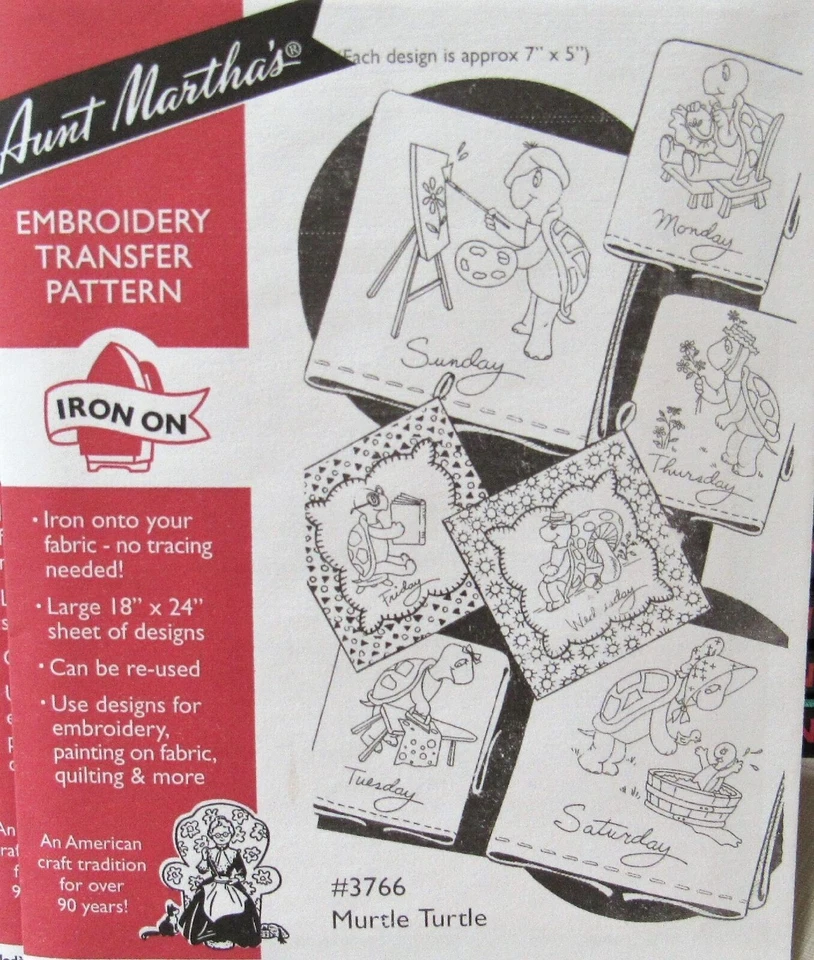 Aunt Martha's 3766 Murtle Turtle Days of Week Towels Embroidery Transfer Pattern