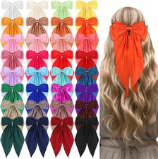 32 Satin Hair Bows with Long Tails Retro Style Oversized Elegant Clips
