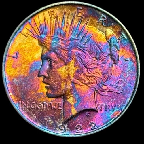 Peace Silver Dollar 1922 90% Silver Monster Rainbow Toning $1 Coin AU