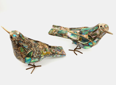 Two Abalone Shell Decorative Bird Birds Metal Legs Iridescent Art WELL DONE!