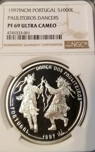 1997 PORTUGAL SILVER 1000 ESCUDOS PAULITEIROS DANCERS NGC PF 69 ULTRA CAMEO 
