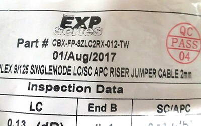 Exp Series SM Dplx LC/APC, SC/UPC Riser Jumper , 2mm, 12 m; Part #CBX-FP-9ZLC2RX