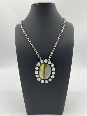 Vintage Pewter Cabochon Oval Pendant Necklace Brent Larsen Denmark MCM 23 