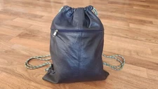 Blue Leather Drawstring Sackpack Bag, String Sack Backpack Handbag, Cory