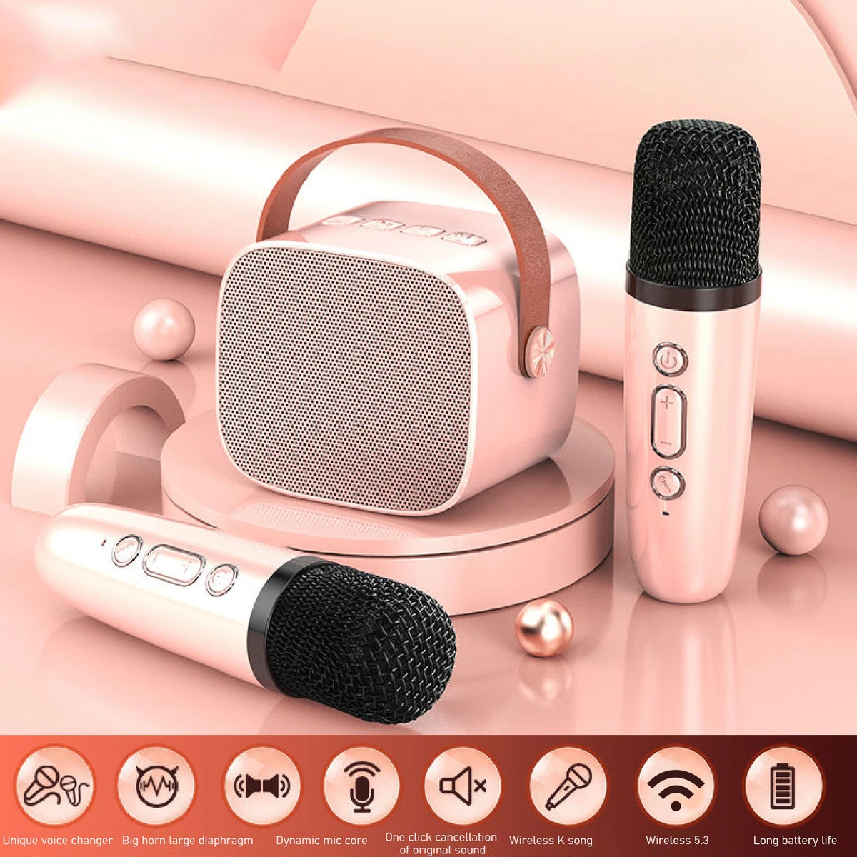 Pink)Mini Karaoke Machine Portable Bluetooth Speaker With 2 Wireless