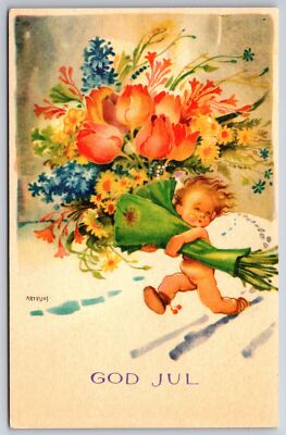 Artist Artelius~ART DECO Christmas~Tiny Boy Runs Flower Bouquet Thru Snow~1941