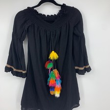 Tea & Cup top small tunic blouse boho pom poms embroidery smocking black