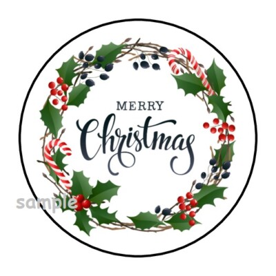30 MERRY CHRISTMAS ENVELOPE SEALS LABELS STICKERS 1.5" ROUND WREATH ...