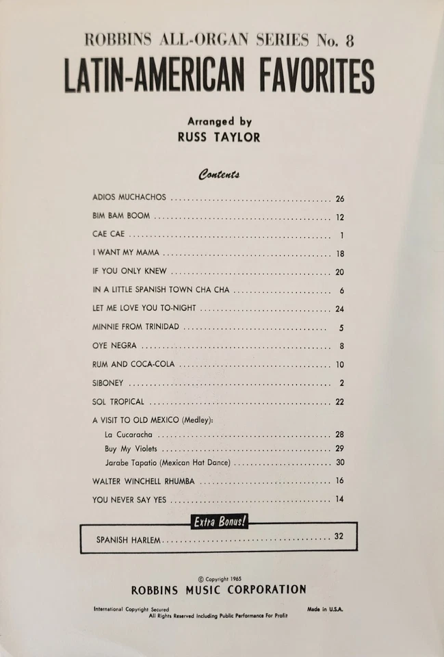 Organ Latin American Favorites Series No 8 Sheet Music Song Book - Image 2 of 4