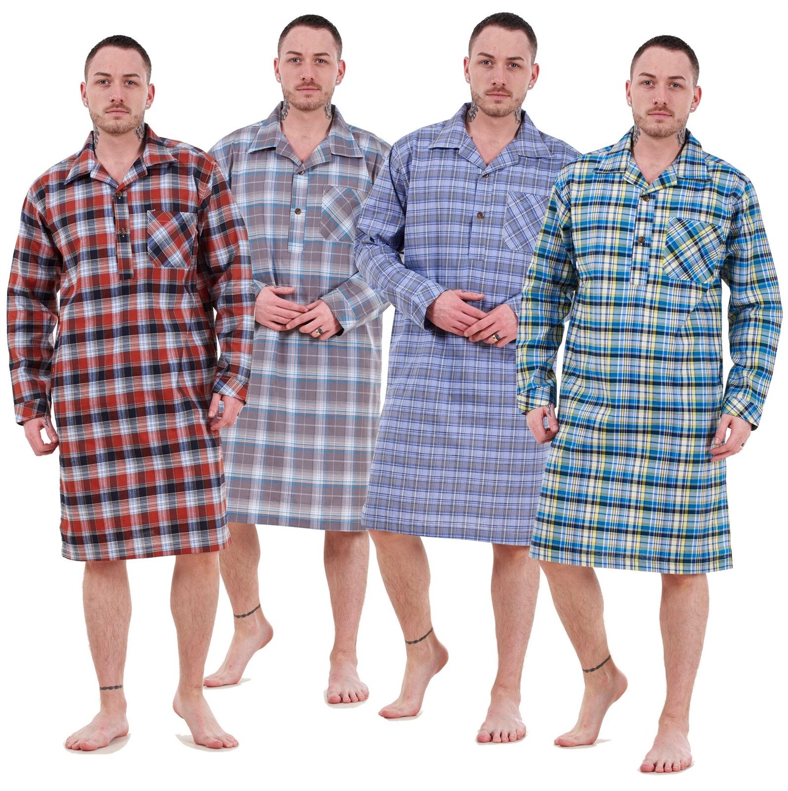 Mens Nightshirts Woven Check Cotton Blend Loungewear Regular Big Size M to 5XL