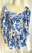 MISSGUIDED Blue Floral Print Puff Sleeve Fit Flare Mini Dress Size 4 UK 8
