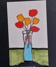 Miniature Dollhouse Painting Signed 1:12 Scale 1.5X2.5 Inch Flowers Floral Vase