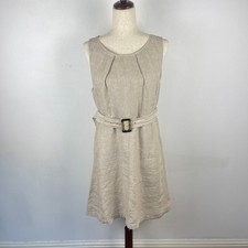 Tahari Beige Natural Linen Sheath Dress Sleeveless Belted Lined Women's size 8