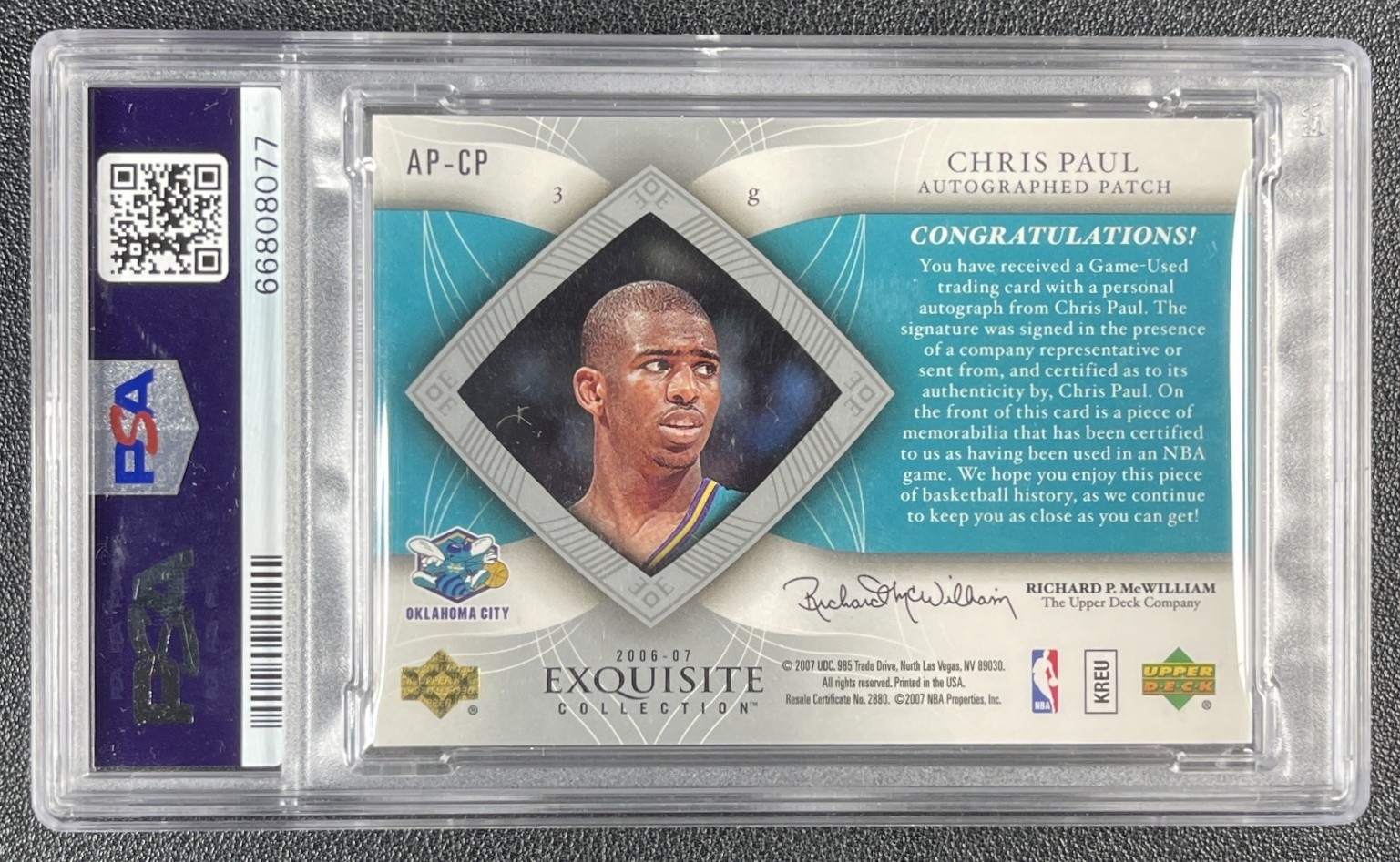 CHRIS PAUL PSA 7 2006-07 UPPER DECK EXQUISITE COLL GAME-USED PATCH AUTO 030/100 view 2