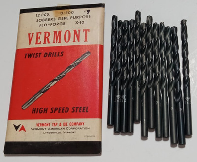 Vtg Vermont American #9 Twist Drill Bits 12pc D-300 HSS Jobbers USA Made NOS