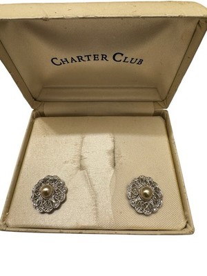 Vintage Charter Club Faux Pearl Filigree Earrings Silver Tone Round w Box