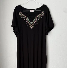 Quacker Factory Floral Embroidered Striped Short Sleeve Maxi Black Dress 2X