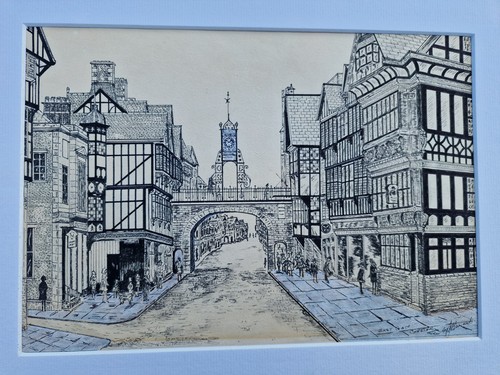 Original Signed Pen & Ink Watercolour Drawing East Gate Chester Clock, Mounted (photo 2)