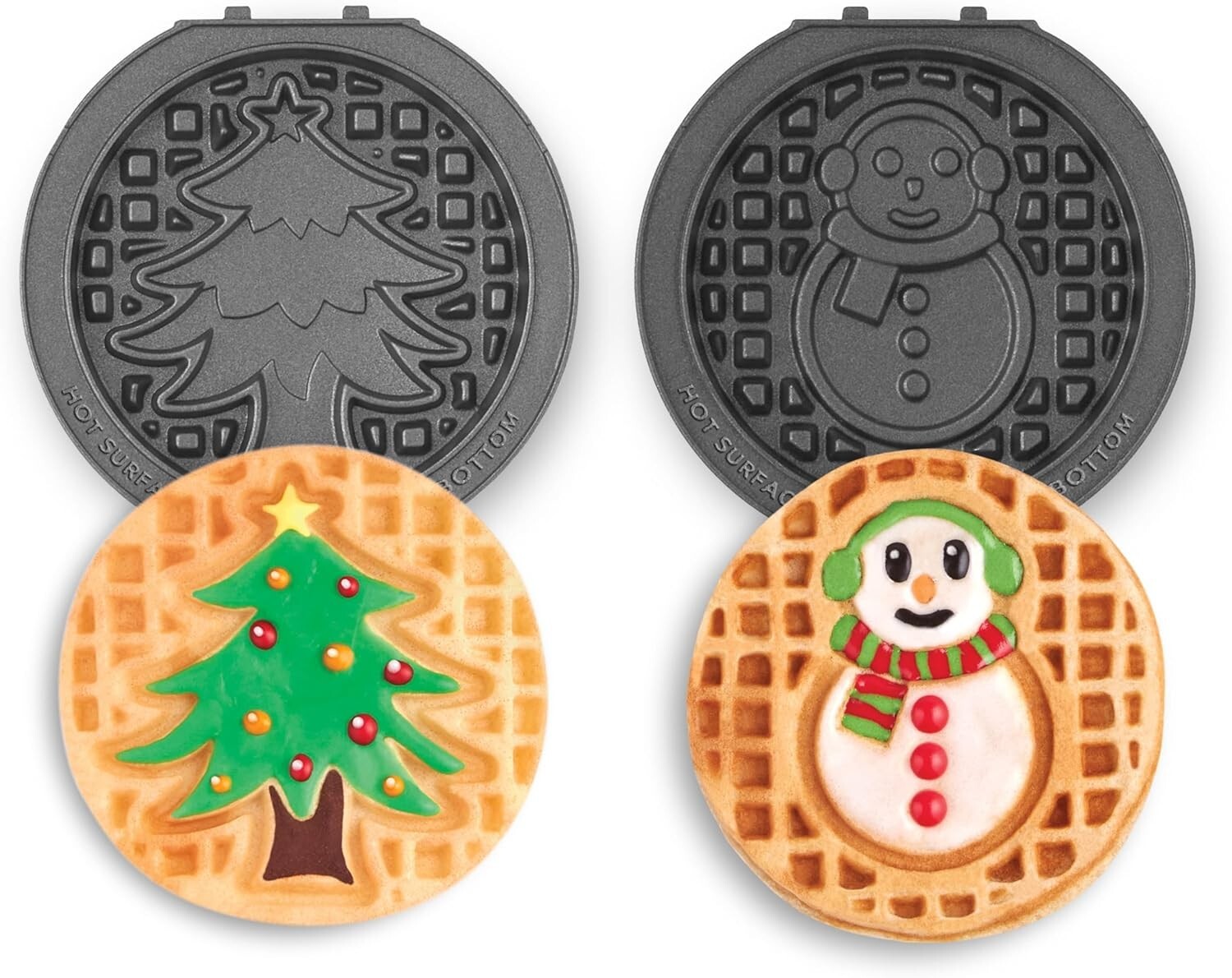 Compact Mini Waffle Maker with 4” Nonstick Snowman and Tree Plates-image