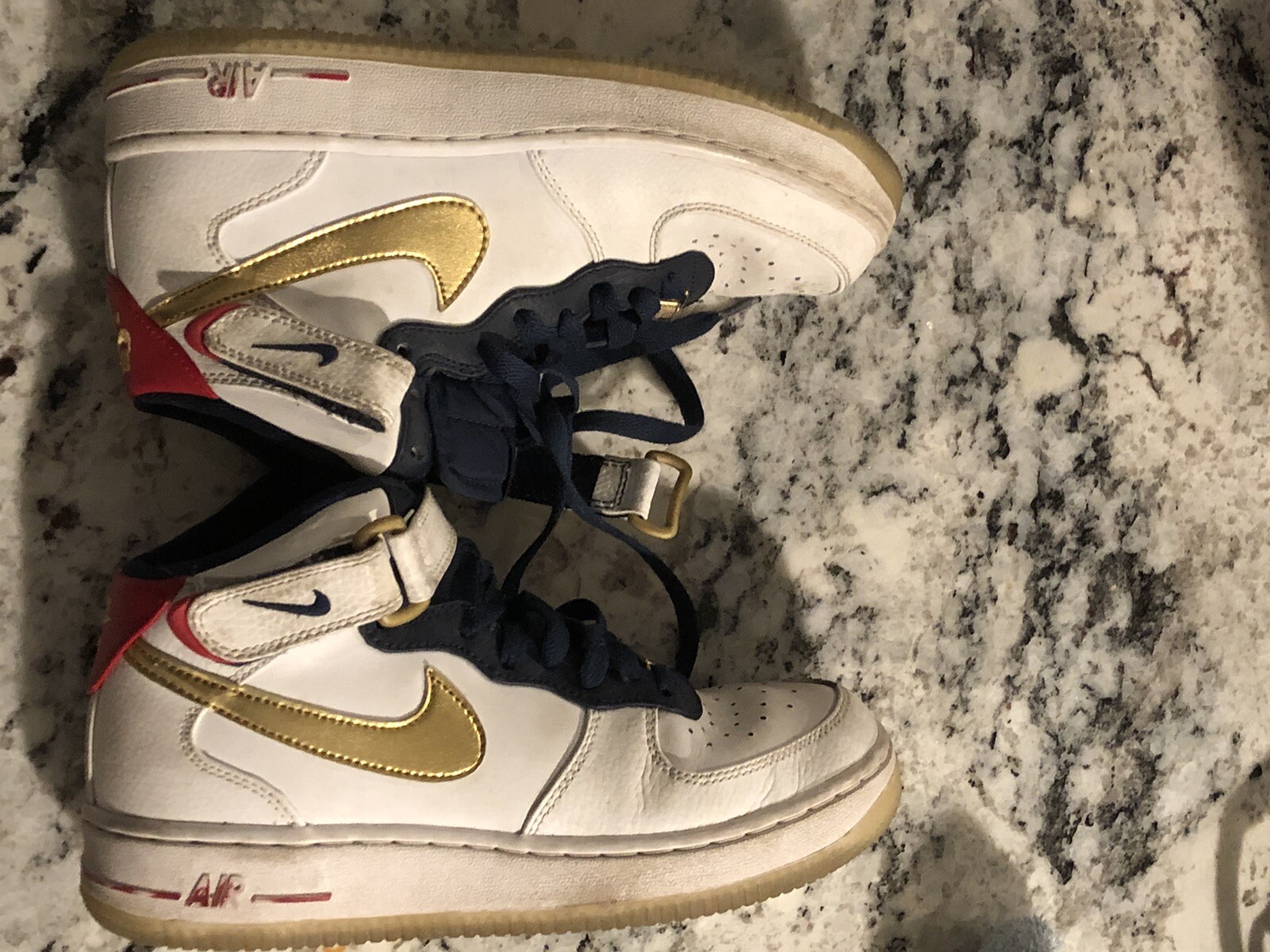 Nike Air Force 1 Gold Swoosh White Blue Red Leather High Top (af1'82) Size  5y for sale online | eBay