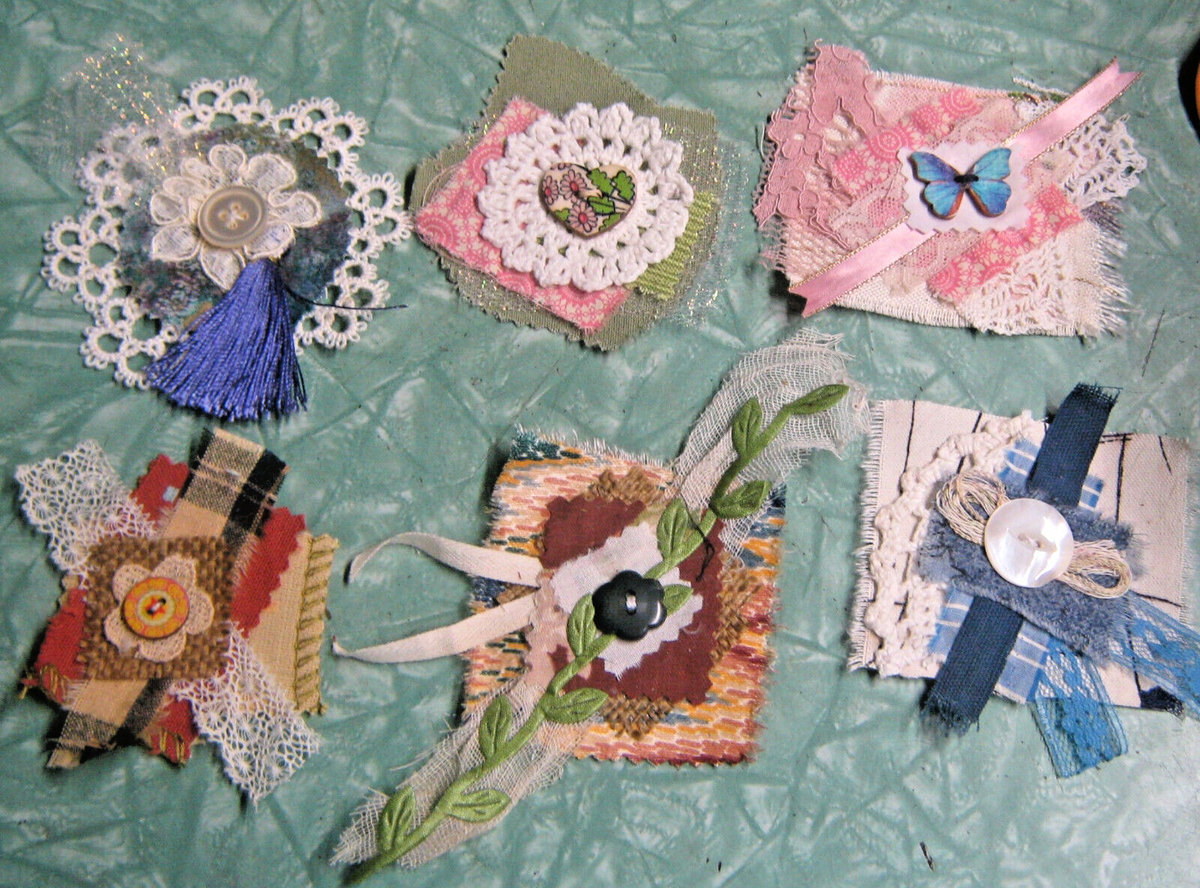 6 Unique Fabric Clusters-3 inch -Snippet Appliques - Junk Journal 