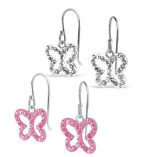 925 Sterling Silver Butterfly Pink Clear Hook Earrings Kids Girls Women