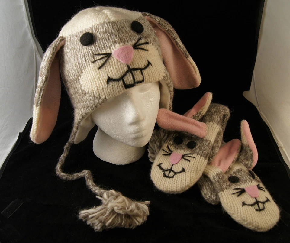 Adulto CALCETÍN CONEJITO Mitones Títeres Tejido Conejo Disfraz Delux Knitwits SOMBRERO AGOTADO Foto 4 de 4