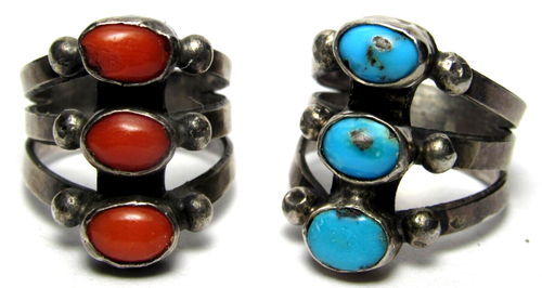 PAIR Navajo Old Pawn 3 STONE ROW Coral Turquoise Silver Native American RINGS s4 - Picture 2 of 24