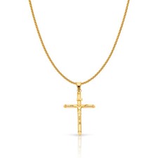 14K Yellow Gold Crucifix Charm Pendant with 1.1mm Wheat Chain Necklace