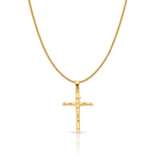 14K Yellow Gold Crucifix Charm Pendant with 1.1mm Wheat Chain Necklace