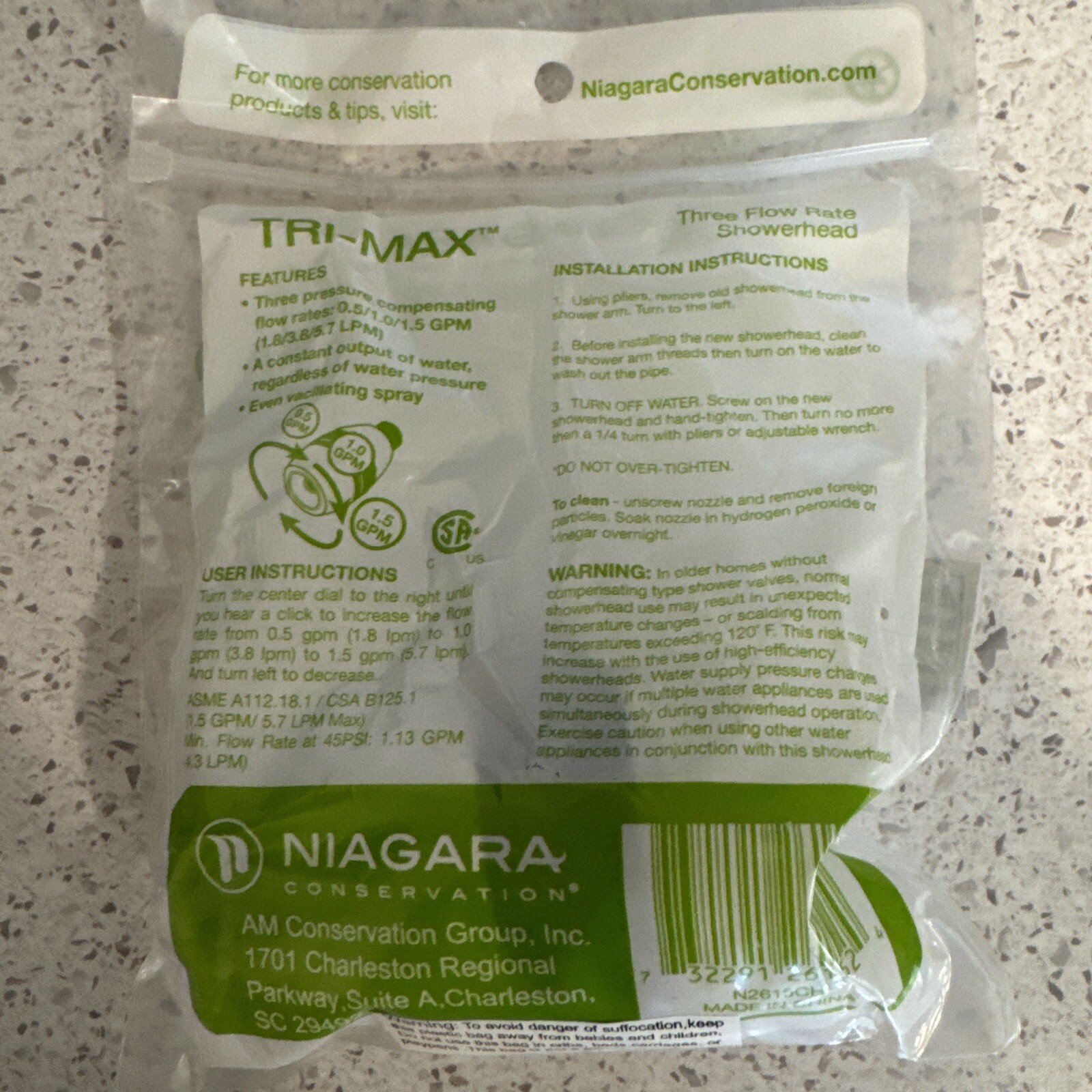 NIAGARA N2615CH Tri-Max 1-Spray 1-1/2 in Fixed Shower Head Adjustable Flow Rates