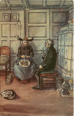 Gruss aus Veerlan Netherlands Postcard; Traditional Couple by Tile Stove w/ Cat