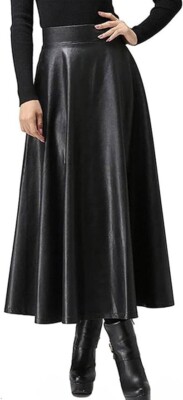 Women's PU Faux Leather High Rise Zip Back Flare Pleated Long A-Line Skirt