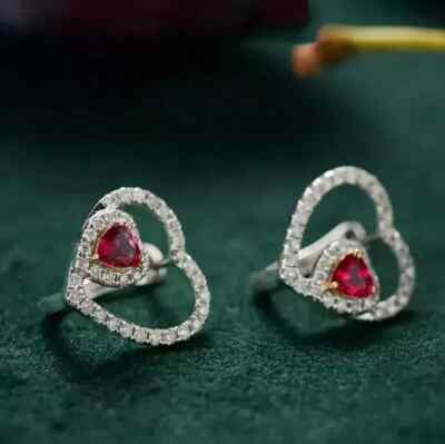 Heart Cut 2.00Ct Simulated Red Ruby Women's Hoop Earring 14K White Gold Plated