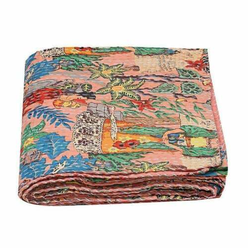 Multicolor Home Made Cotton Kantha Quilt Flower Print Bedspread Bed Cover Quilt - Picture 3 of 5