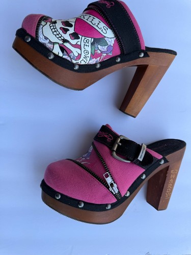 Ed Hardy Darnell Women's Skull Pink Love Kills Slow Wood Clogs Buckle Sz 7 RARE - Picture 3 of 6