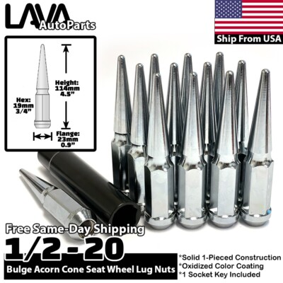 24x Chrome 1/2-20 Spike Lug Nut Set + Socket Fit Old Dodge Dakota Durango Viper