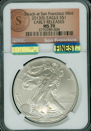 2013 (S) SILVER San Fran LOGO EAGLE NGC MS70 ER MAC FINEST GRADE MAC SPOTLESS .