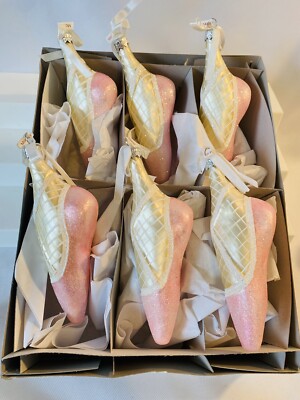 6 Vtg Ballet Slipper Glass Christmas Ornaments Made In Poland Pink Glitter 6  L