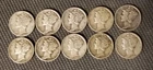 10 Mercury Head Dimes,  1936 - 1945, 90% silver,  circulated, $1.00 face value