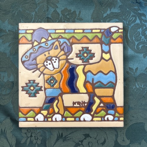 VINTAGE 1999 EARTHTONES SOUTHWEST TRIVET TILE DECOR CAT 6” X 6”